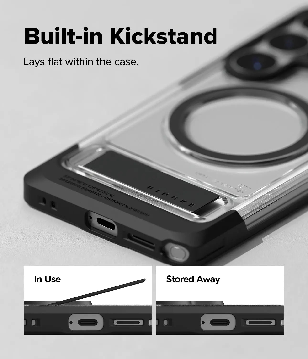 Phone case with built-in kickstand feature on a gray background