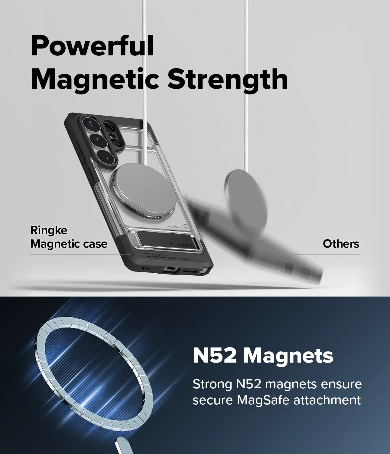 Phone case with magnetic feature and text highlighting powerful magnetic strength and N52 magnets.