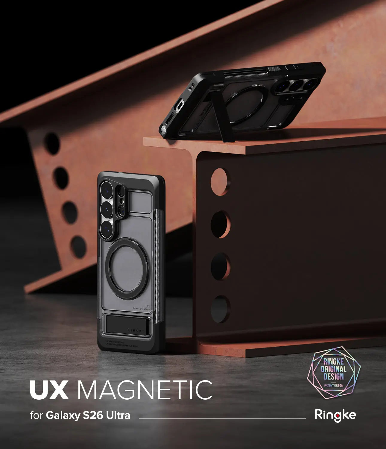 Ringke UX Magnetic phone case for Galaxy S26 Ultra on a metallic surface with brand logo.