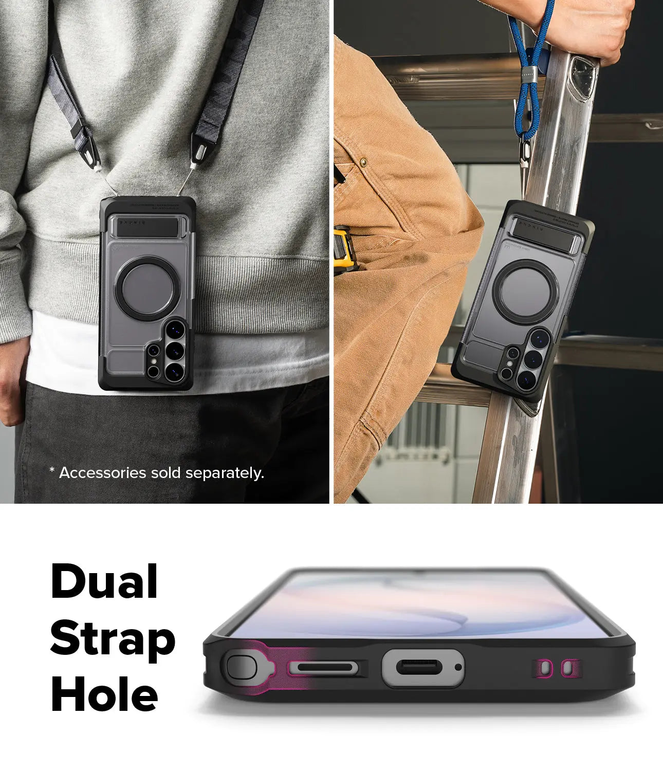 Phone case with dual strap hole feature shown on a person and a ladder.