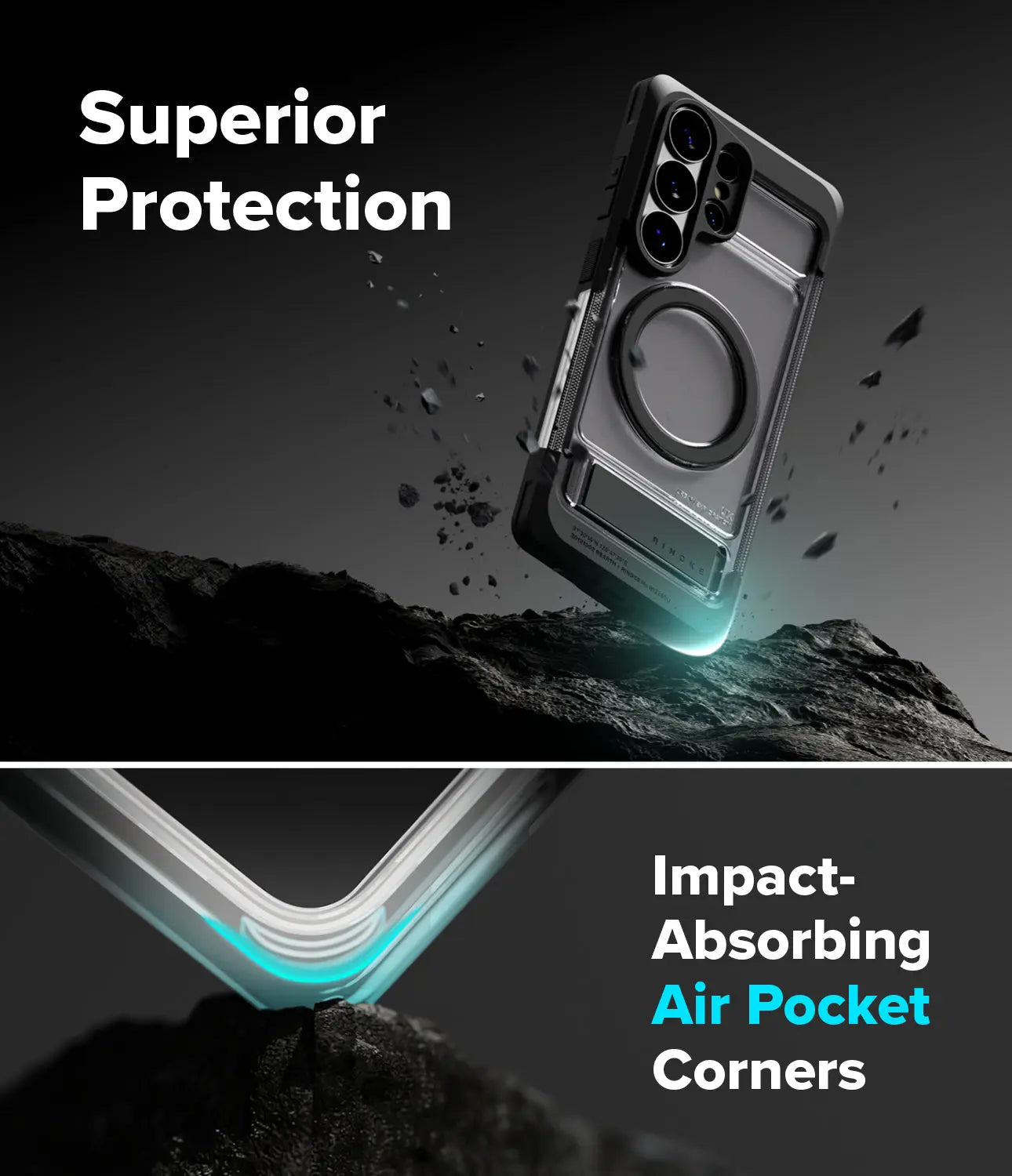 Phone case with 'Superior Protection' and 'Impact-Absorbing Air Pocket Corners' text on a dark background.