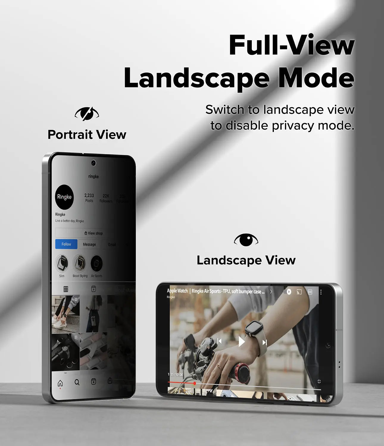 Smartphone showing portrait and landscape modes with text on privacy mode.