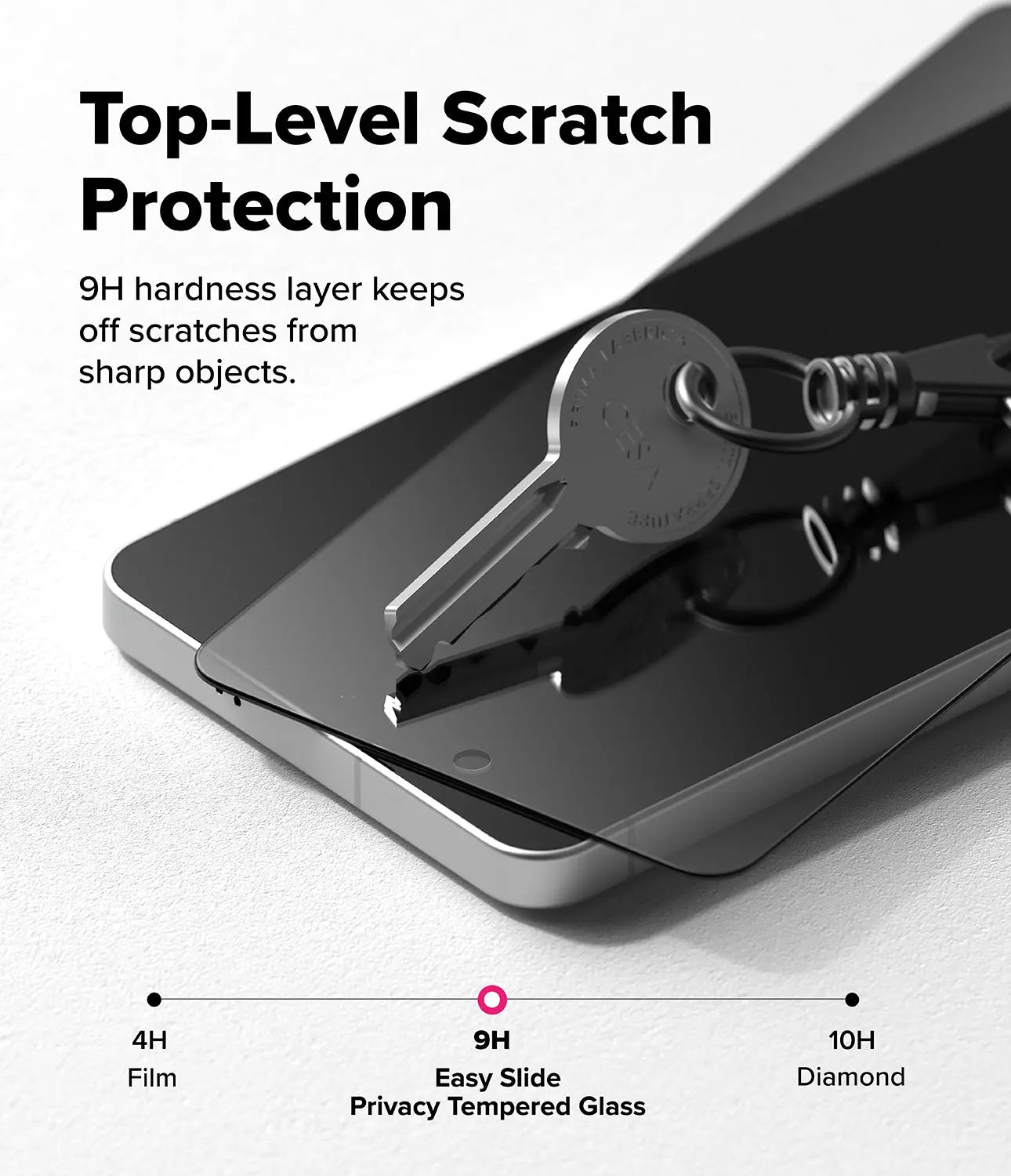 Smartphone with privacy tempered glass screen protector and key on a white background