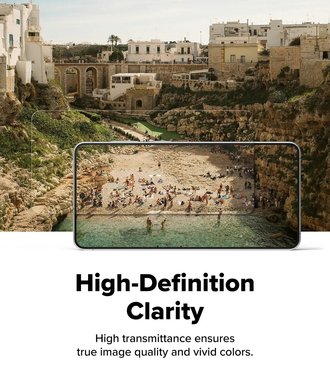 Laptop screen displaying a scenic view of a coastal town with people on a beach, overlaid with text 'High-Definition Clarity'.
