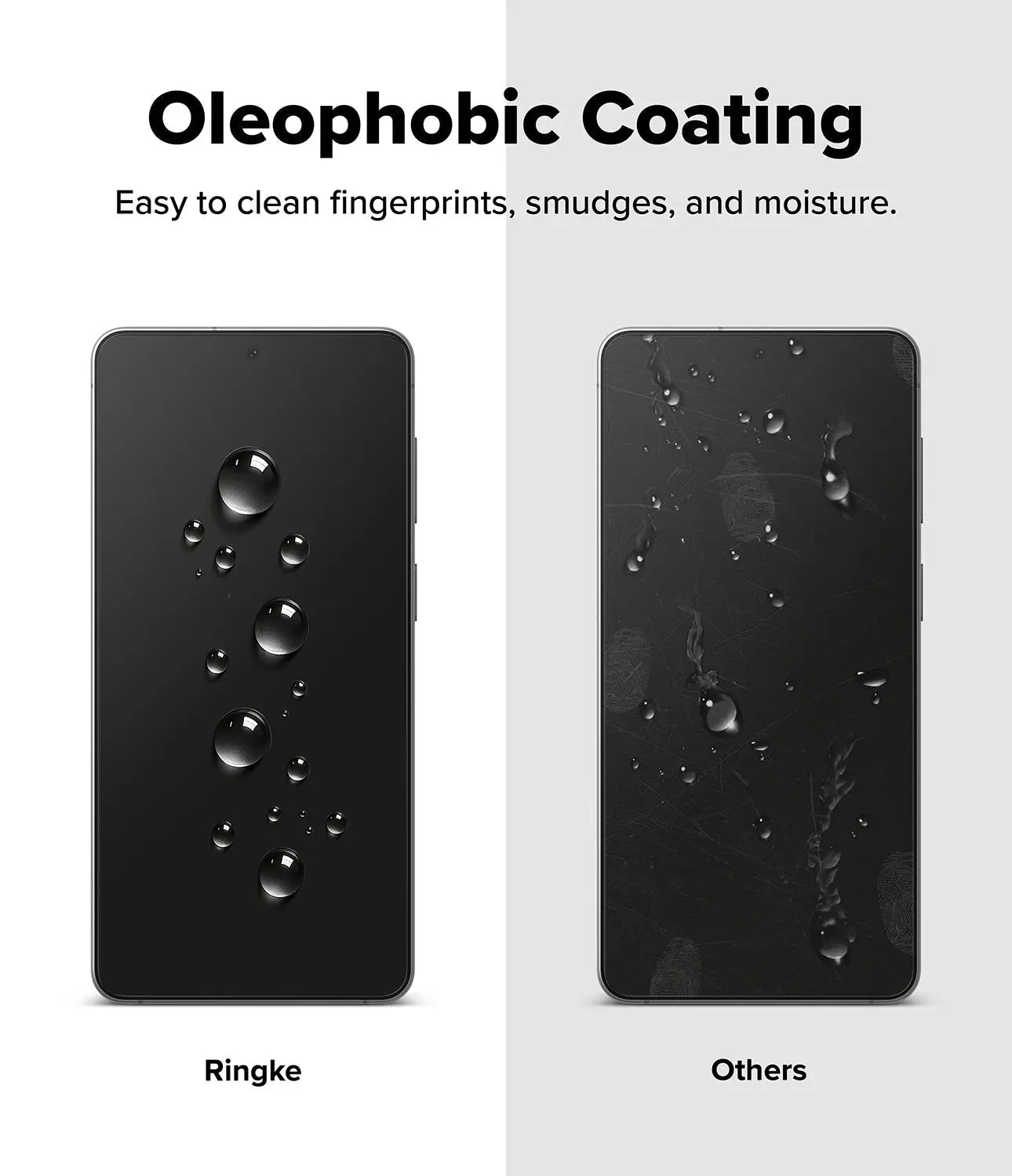 Comparison of Oleophobic coating on Ringke and other phone backs with water droplets.