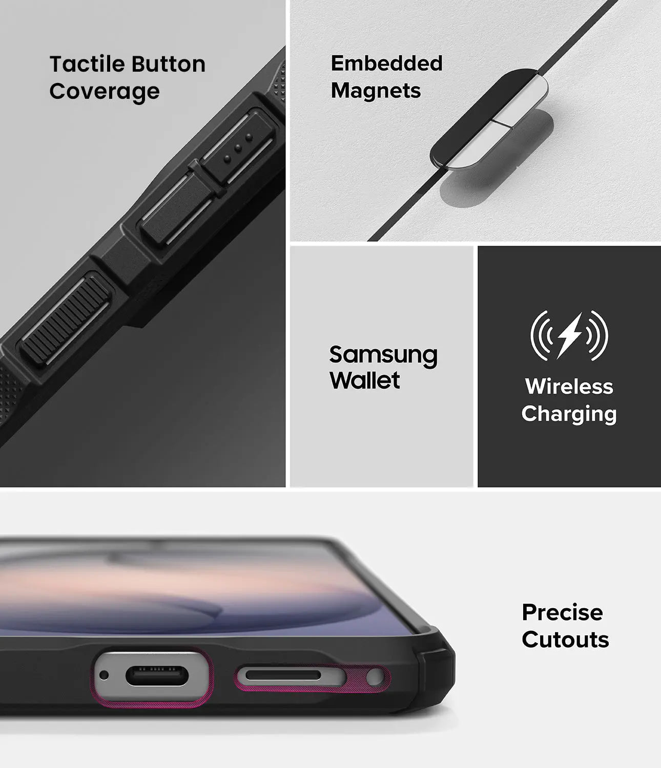 Phone case features with text labels on a gray background