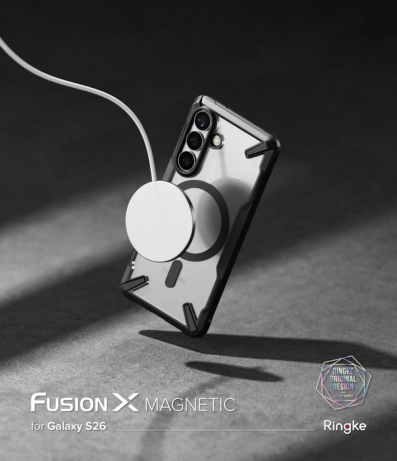 Phone case with magnetic ring holder on a dark background, featuring the Fusion X Magnetic design by Ringke.