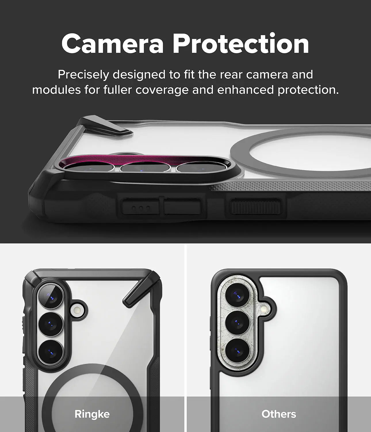 Phone case with camera protection feature, showing Ringke branding.