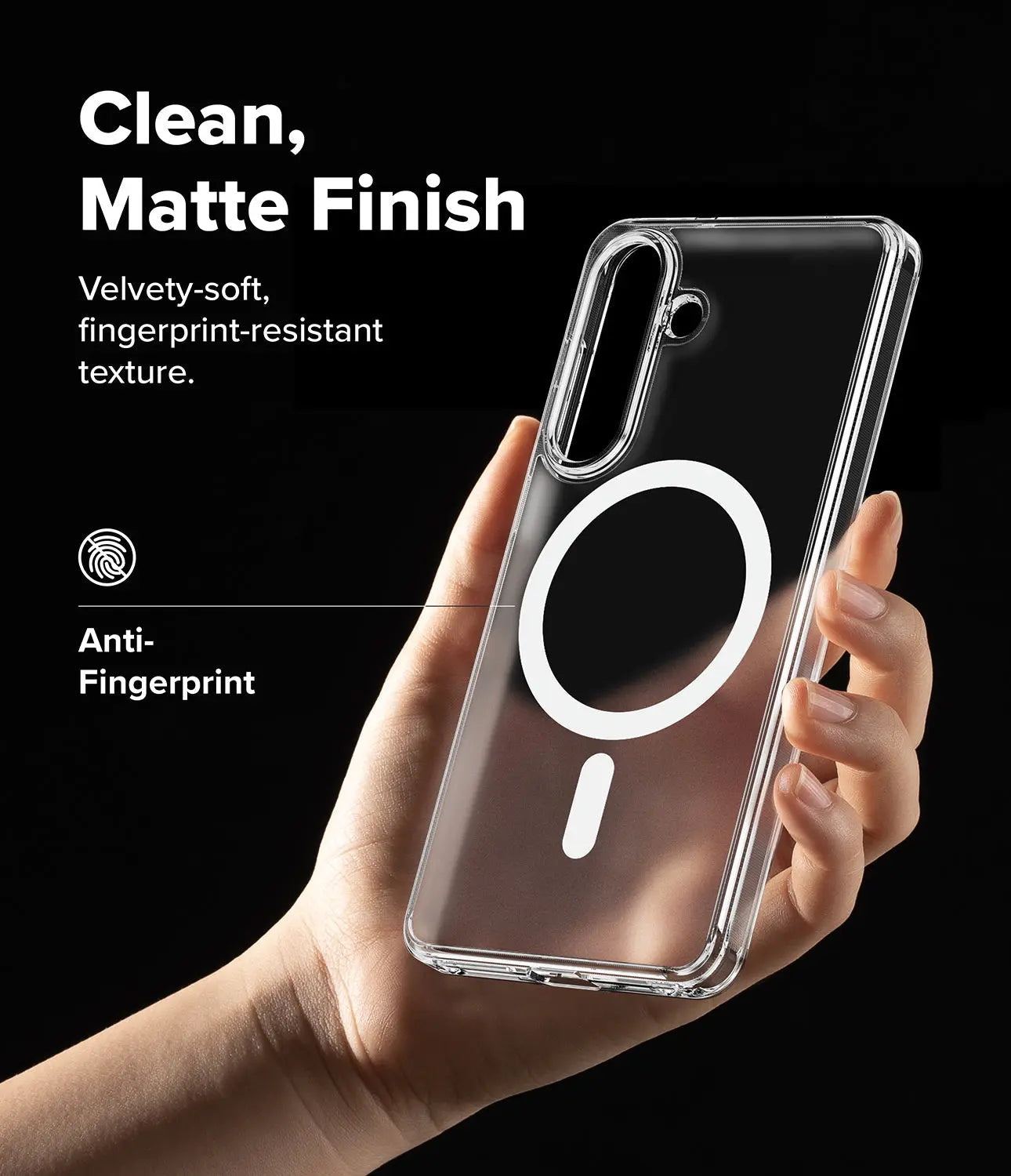 Clear phone case with magnetic ring holder held by a hand, on a black background with text about finish and features.