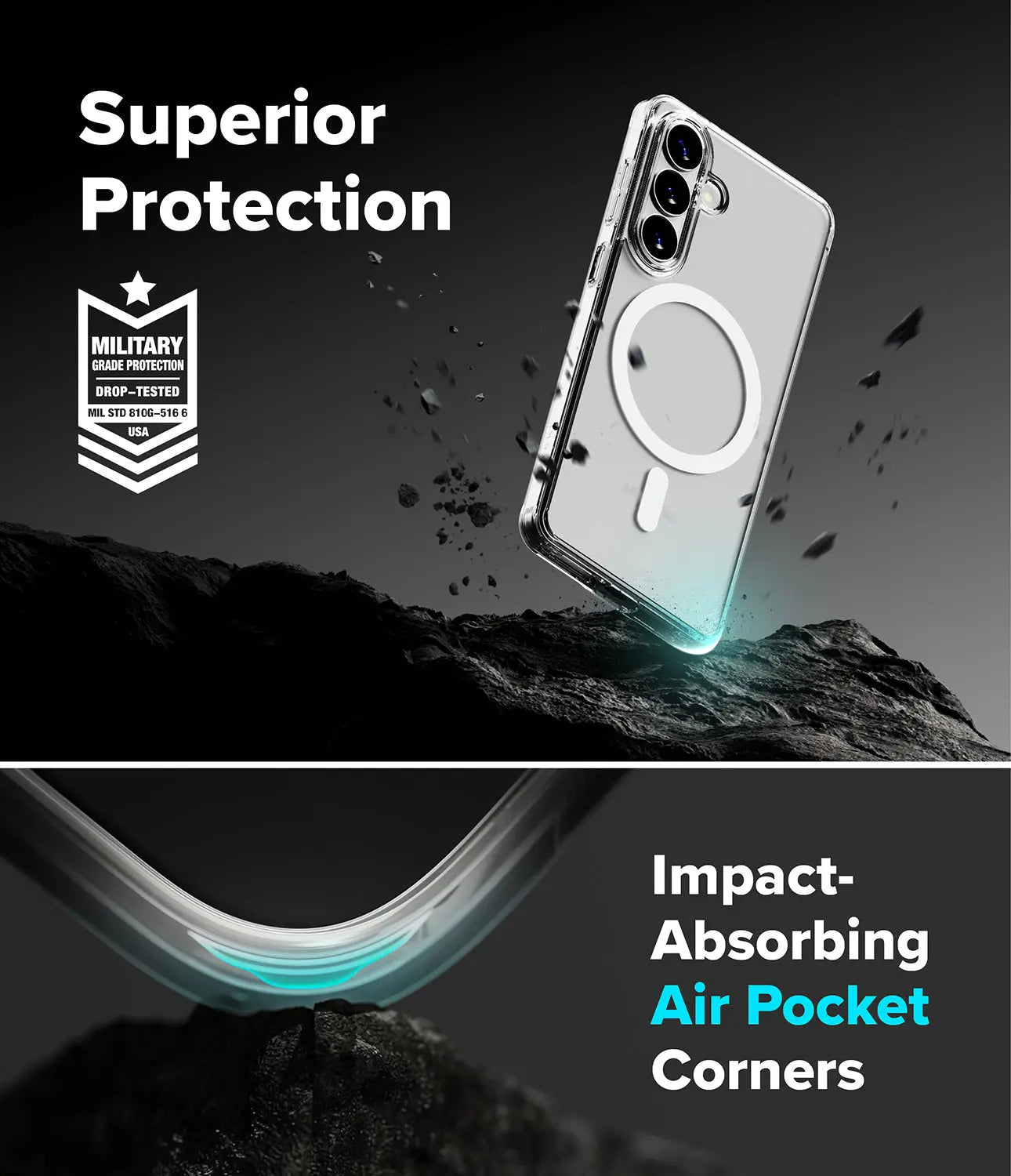 Phone case with 'Superior Protection' and 'Impact-Absorbing Air Pocket Corners' text, featuring a military-grade protection logo.