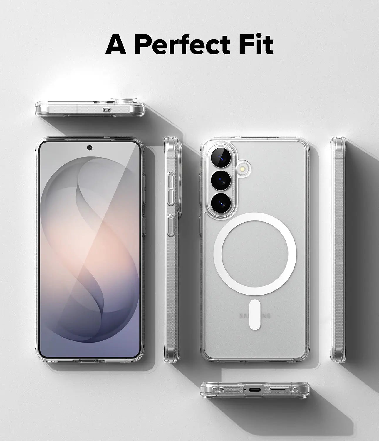 Phone case with magnetic ring and phone on a light gray background