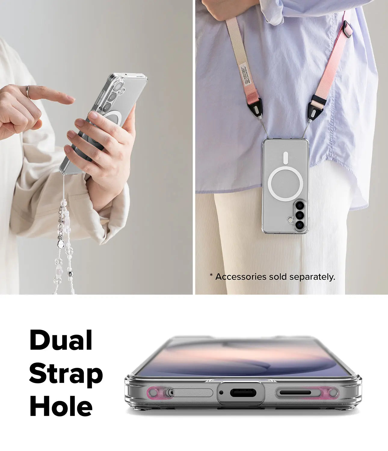 Phone case with dual strap holes and accessories on a neutral background