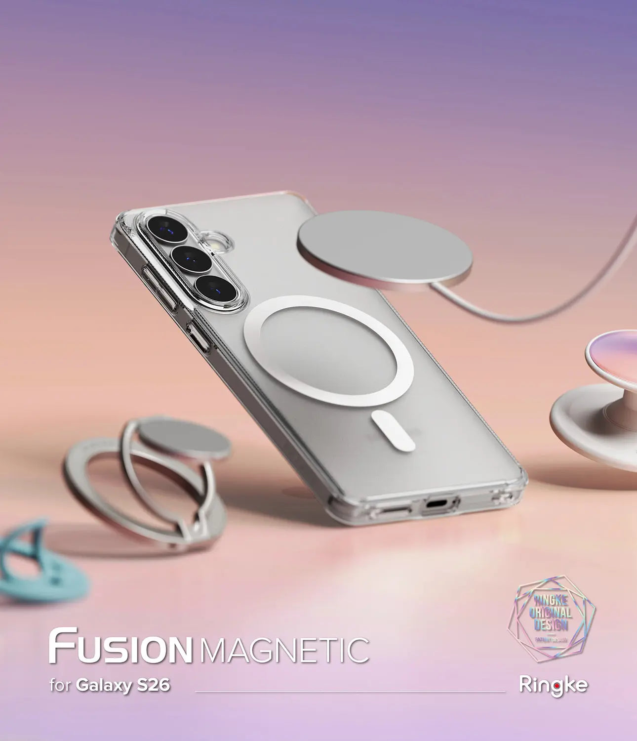 Phone case with magnetic ring and clear design on a gradient background, featuring the brand 'Ringke'.