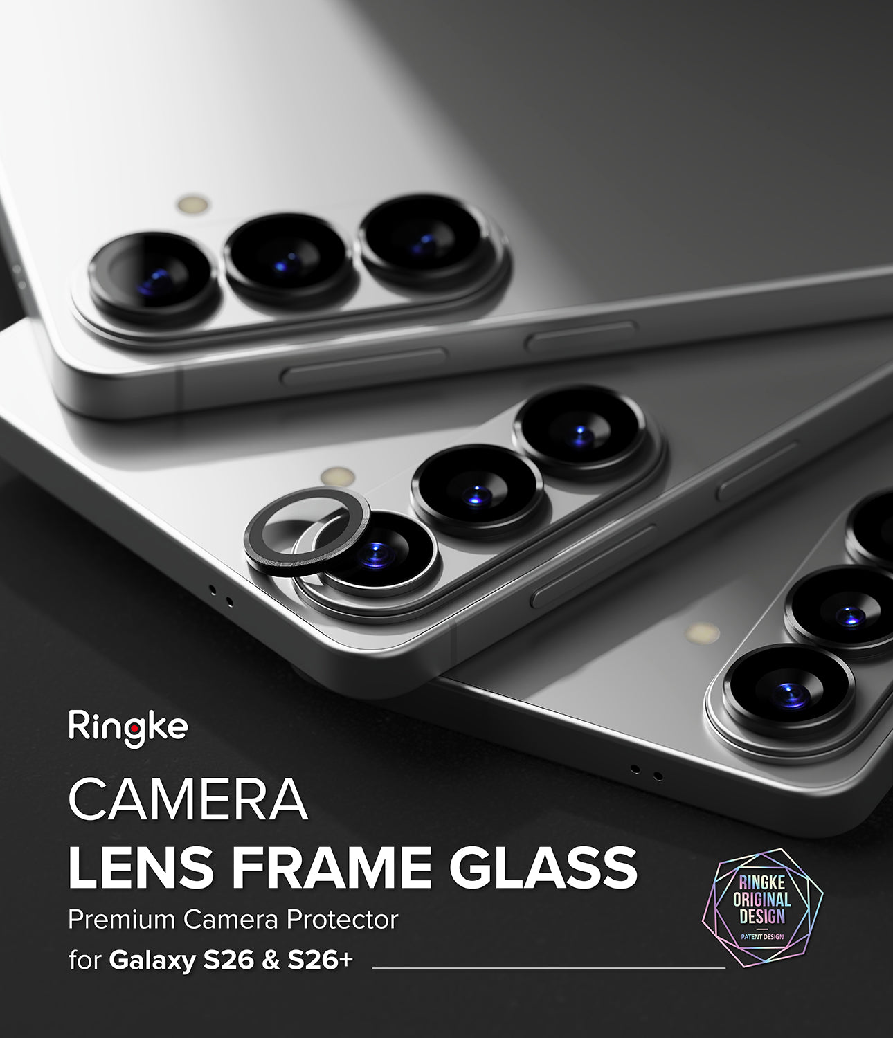 Ringke camera lens frame glass protector for Samsung Galaxy S26 and S26+ on a dark background