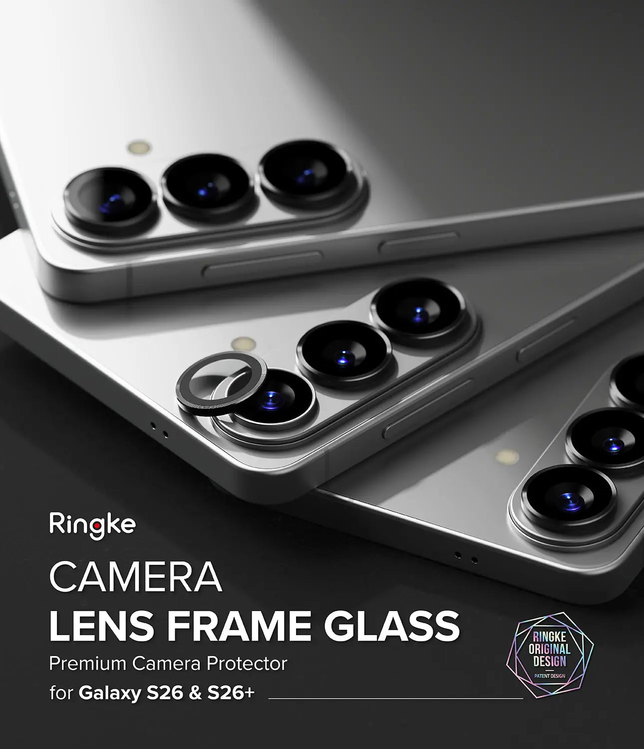 Ringke camera lens frame glass protector for Samsung Galaxy S26 and S26+ on a dark background