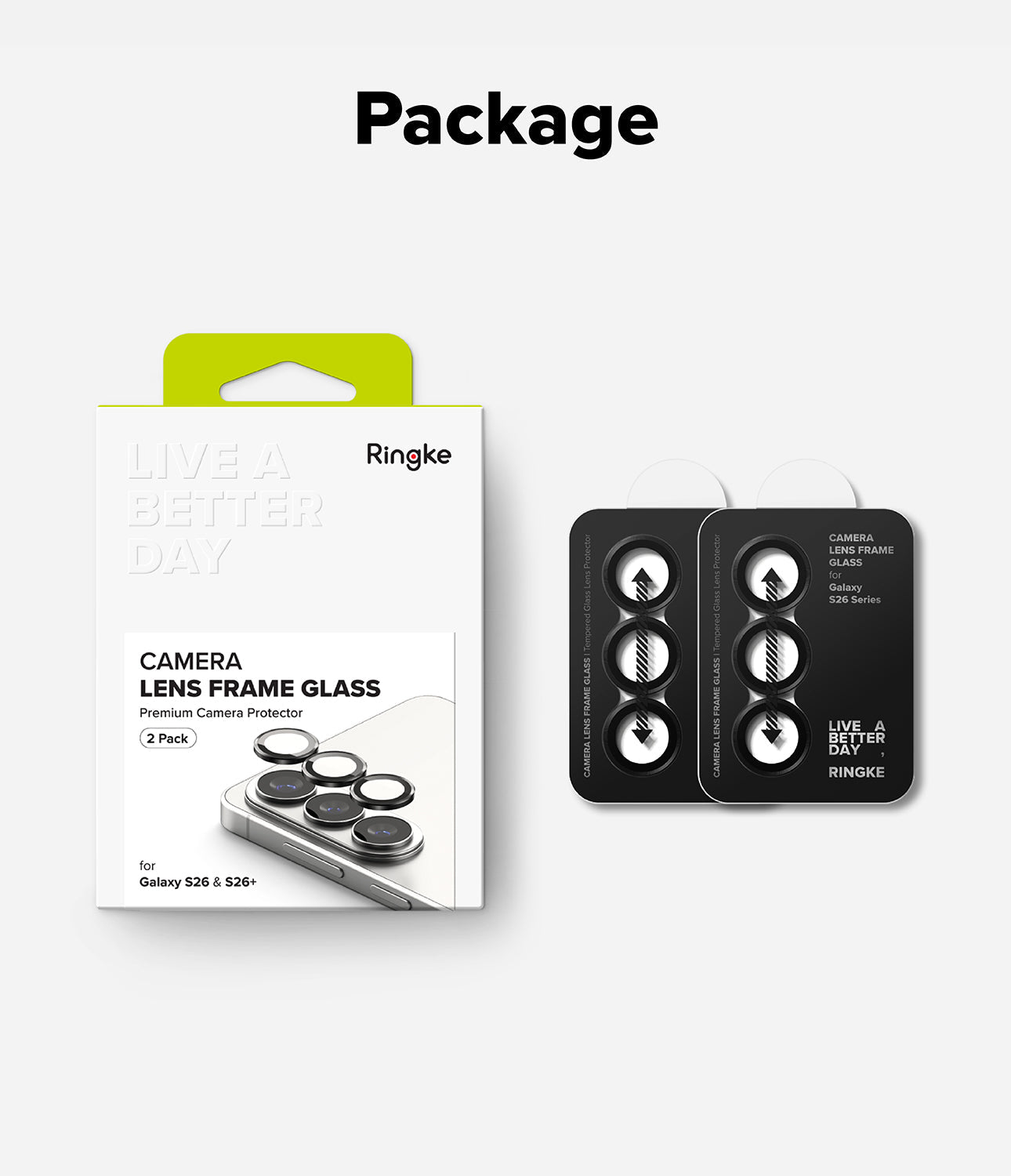 Ringke camera lens frame glass package with black glass inserts on a white background