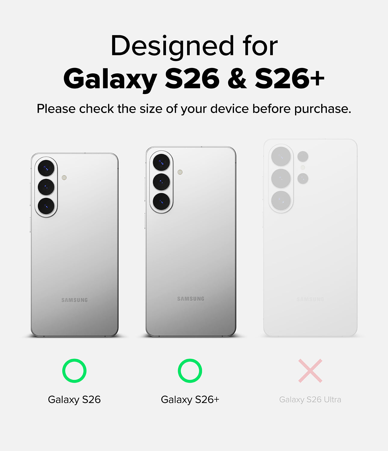 Samsung Galaxy S26 and S26+ phones with size comparison guide on a white background