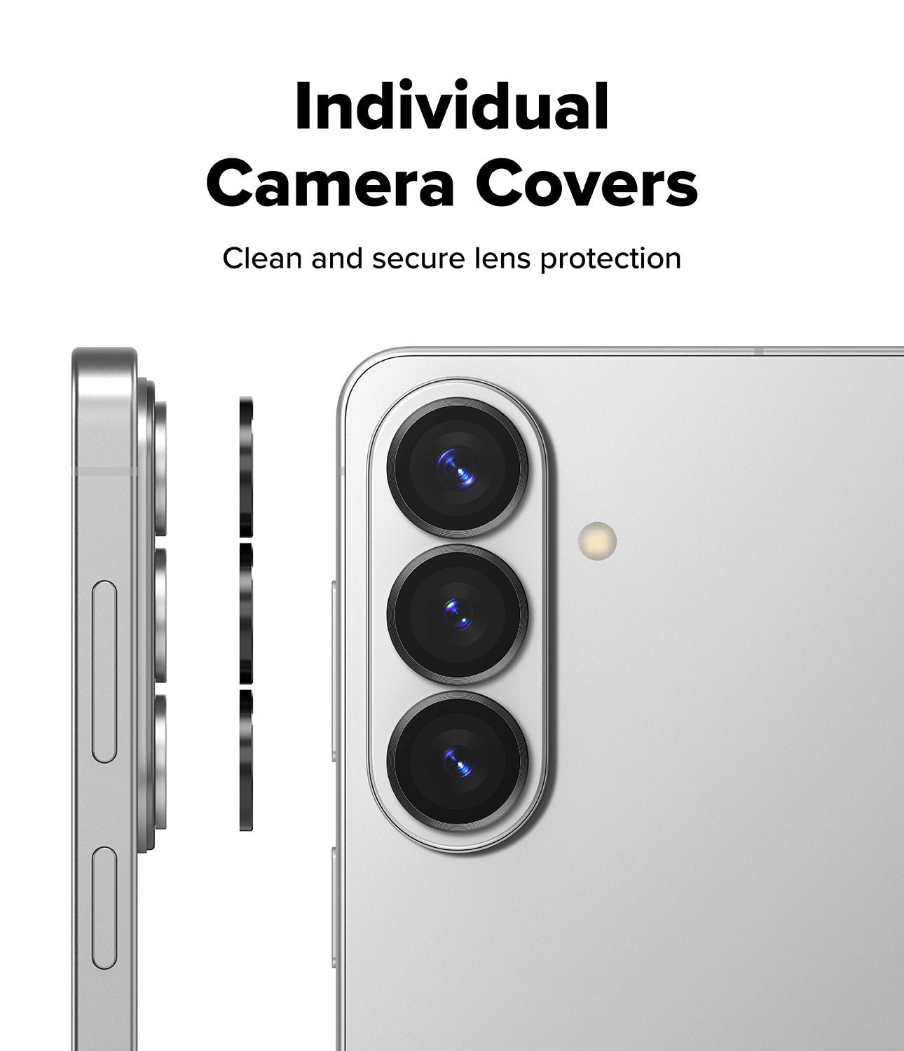 Phone camera lens protector with text 'Individual Camera Covers' and 'Clean and secure lens protection'.