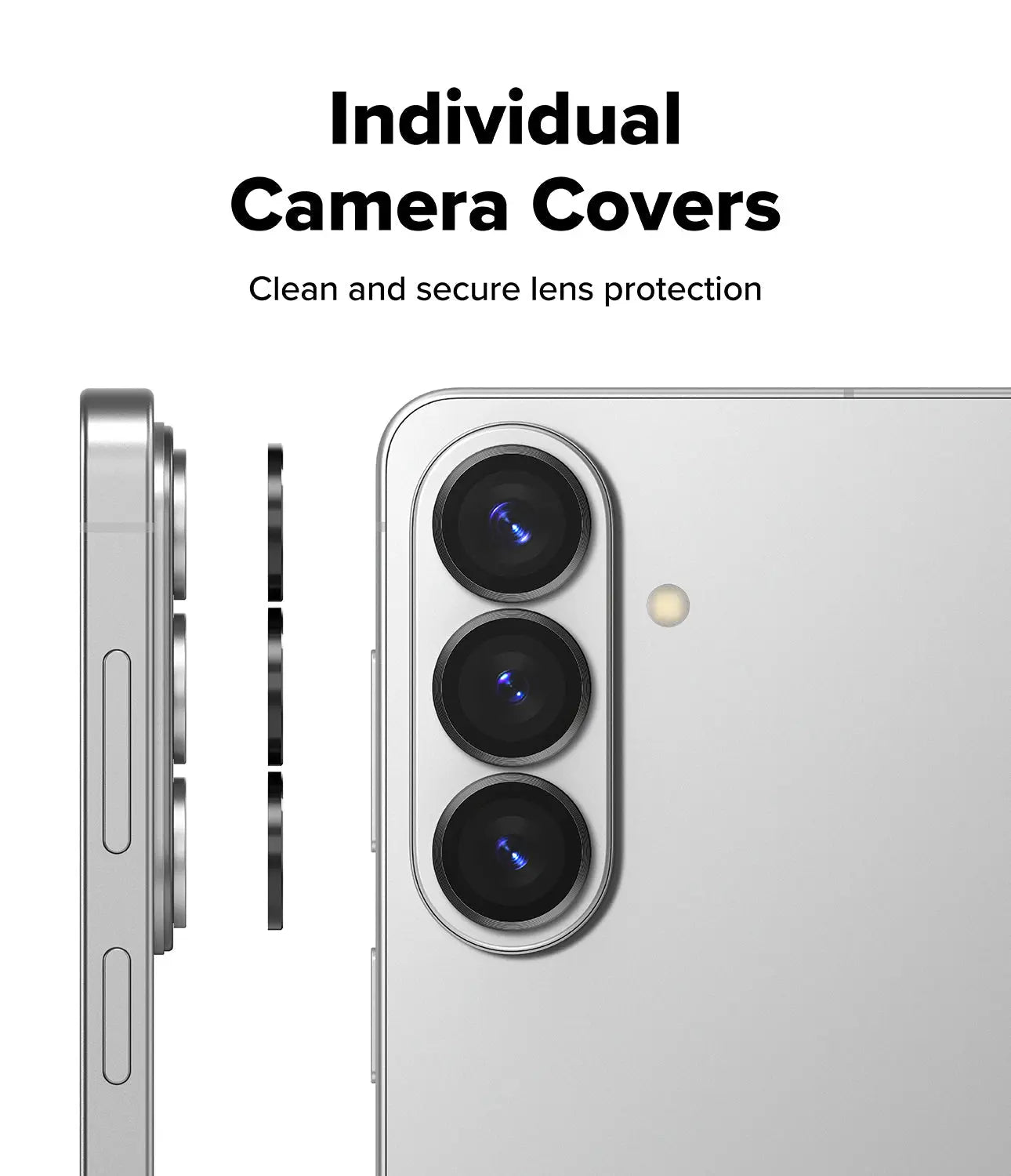 Phone camera lens protector with text 'Individual Camera Covers' and 'Clean and secure lens protection'.