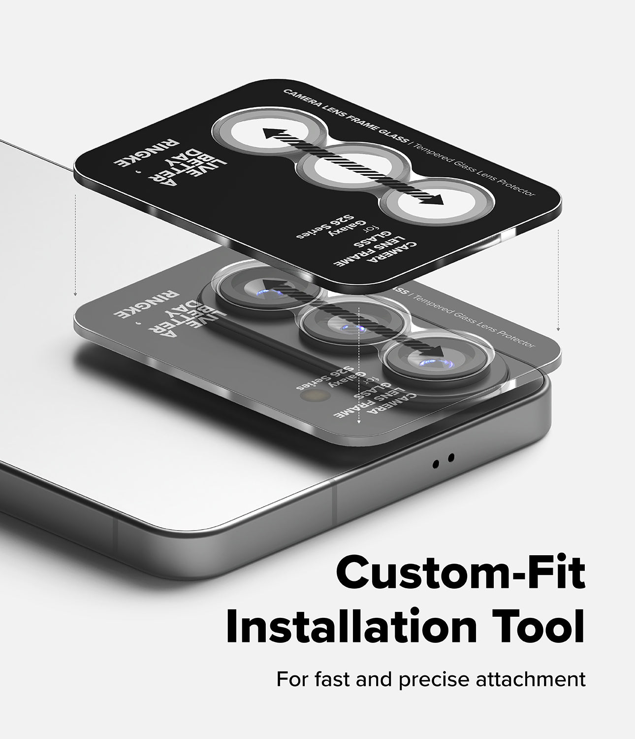 Custom-fit installation tool for phone cases with text 'Custom-Fit Installation Tool' on a white background.