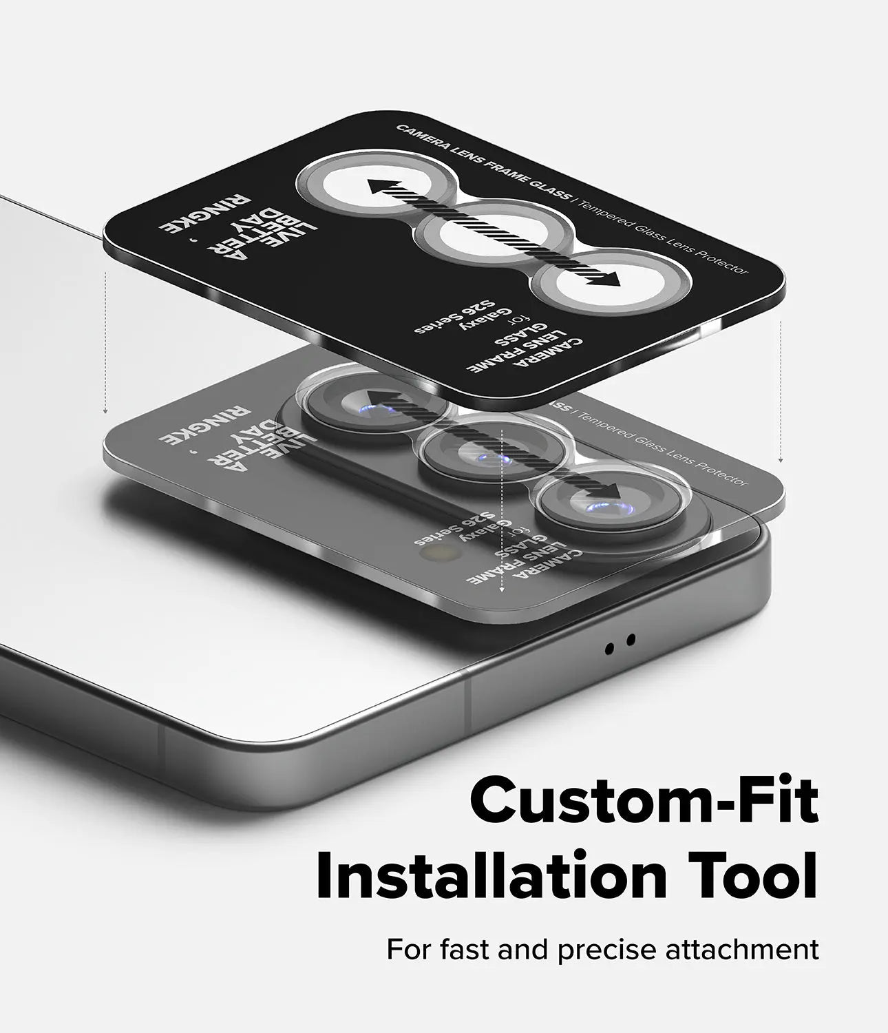 Custom-fit installation tool for phone cases with text 'Custom-Fit Installation Tool' on a white background.