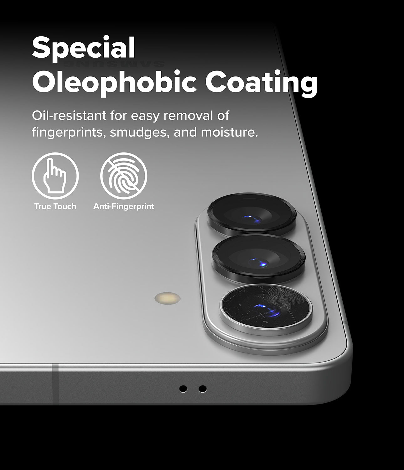 Smartphone with camera module and text about oleophobic coating on a black background
