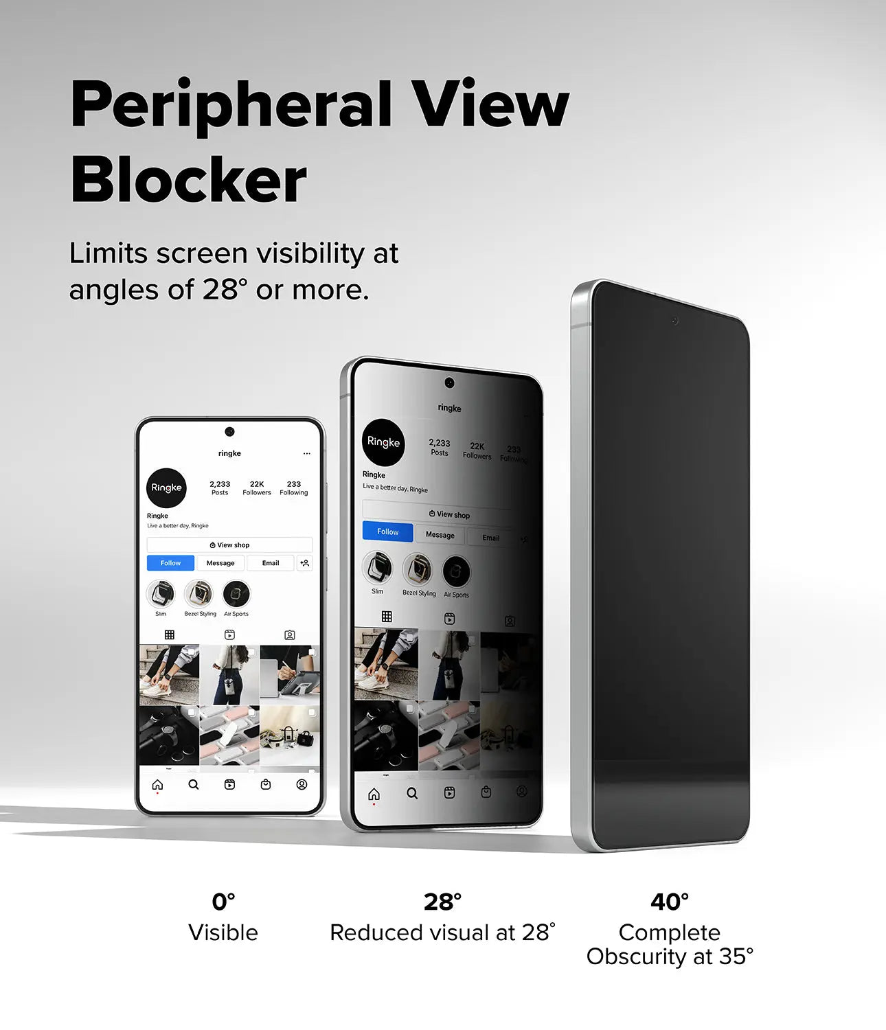 Smartphone with a peripheral view blocker displaying screen visibility at different angles.