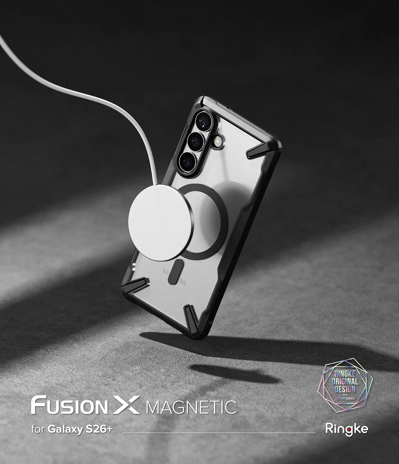 Phone case with magnetic feature on a dark background, featuring the brand 'Ringke'.