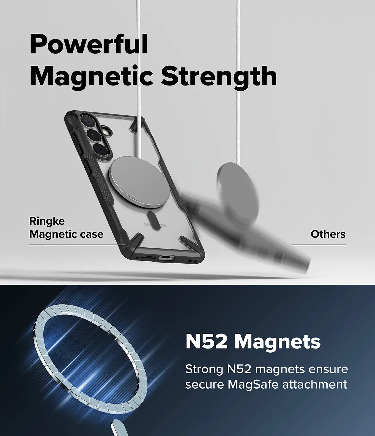 Phone case with magnetic feature and text highlighting powerful magnetic strength and N52 magnets.