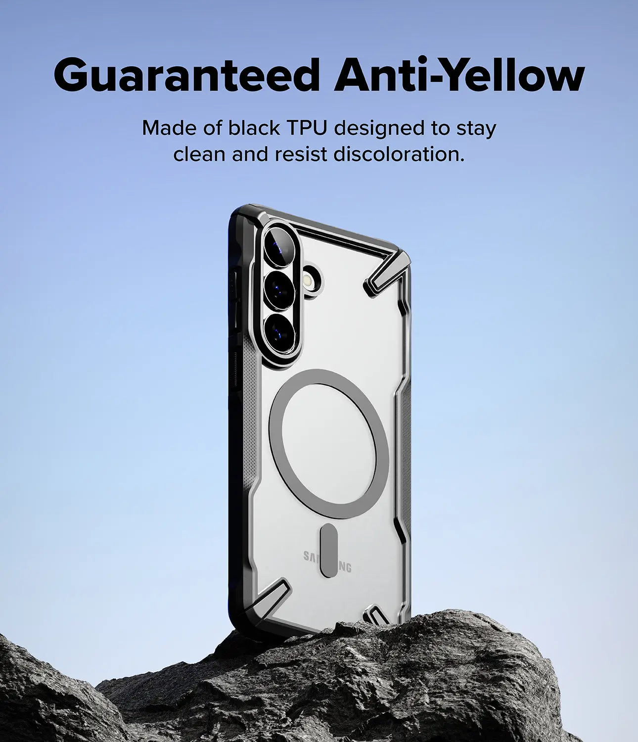 Phone case with anti-yellow feature on a rock against a blue sky