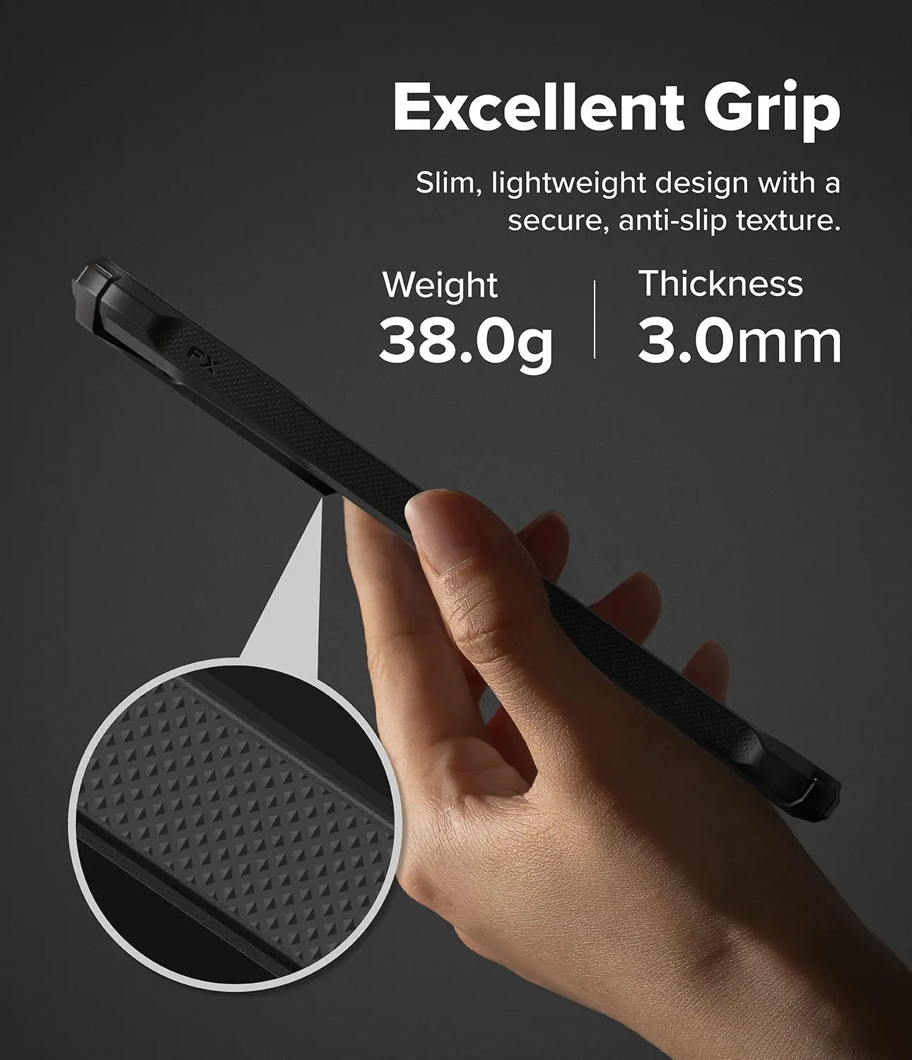 Hand holding a black electronic device with text about its grip, weight, and thickness on a dark background.