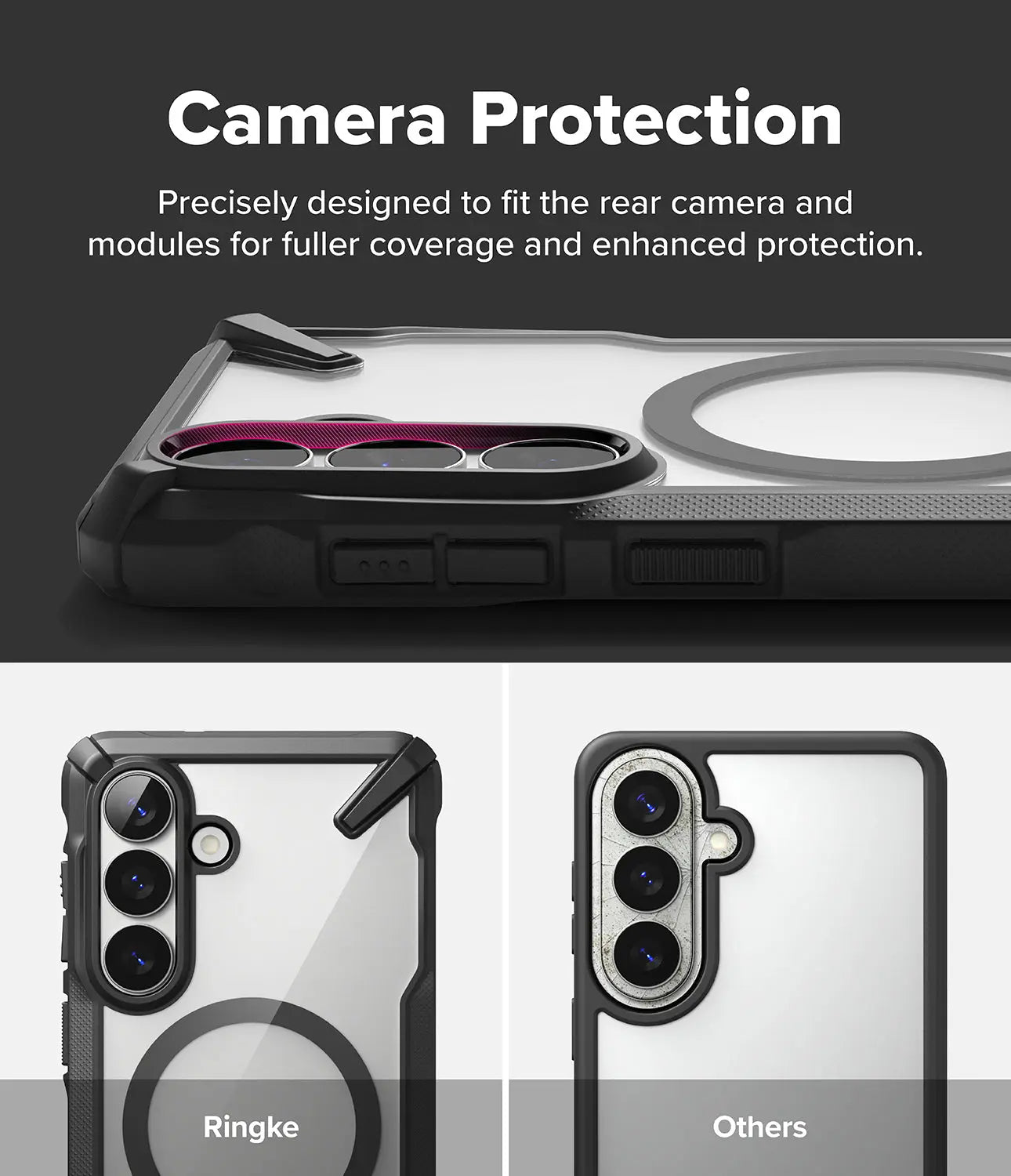 Camera protection case with Ringke branding on a dark background