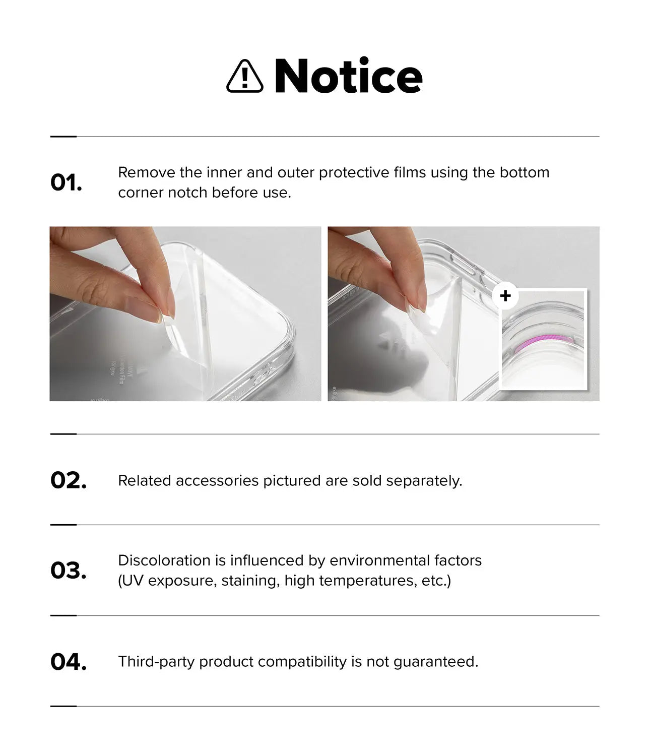 Instructions for using a protective film on a product with images of hands removing the film.
