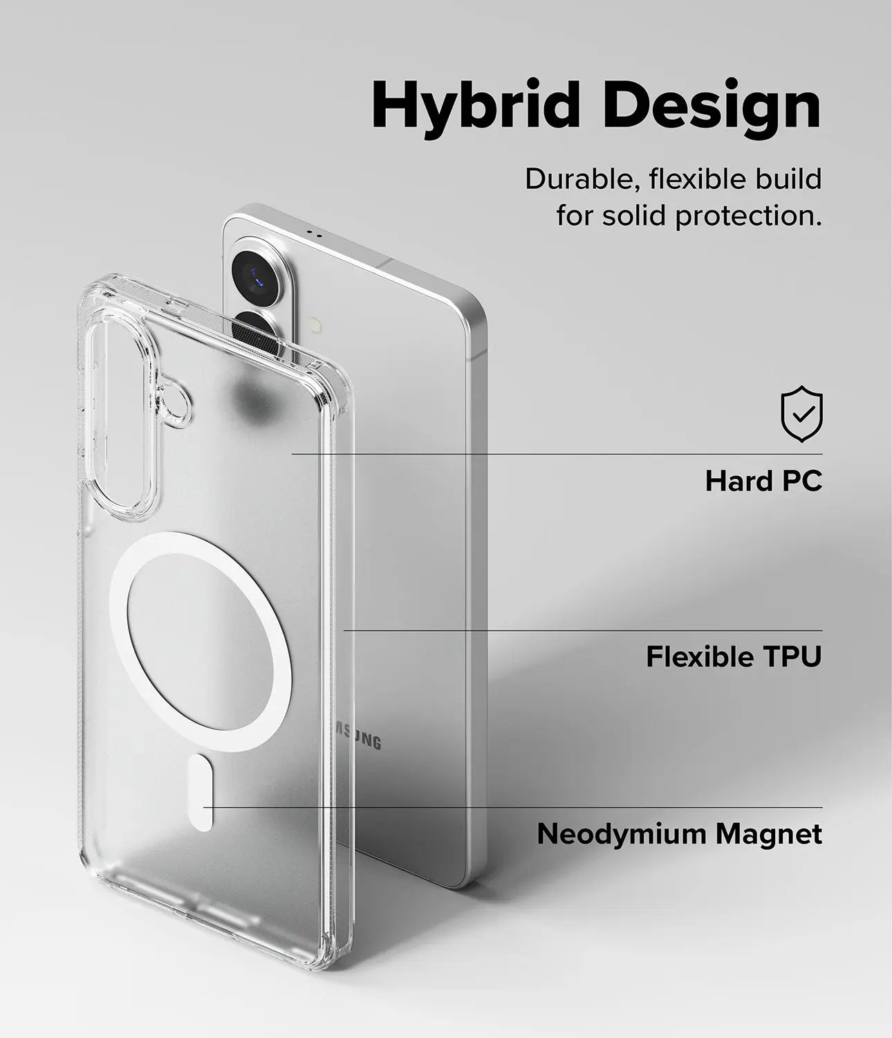 Hybrid phone case with hard PC and flexible TPU layers on a gray background