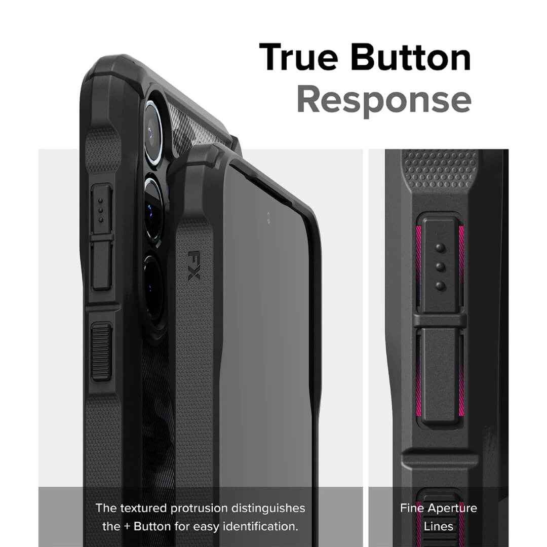 True button response with texture and fine aperture lines