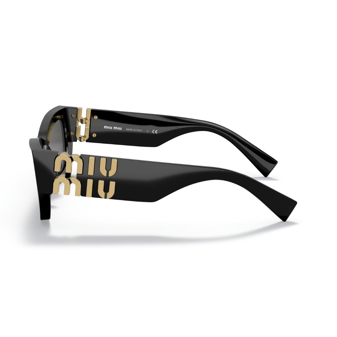 Side Angle: Miu Miu MU 09WS Black Rectangle Sunglasses with Dark Grey Lenses - Side View