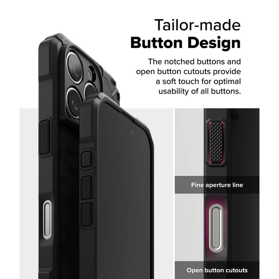 The case features tailor-made buttons designed for a soft touch and enhanced usability, providing a smooth and responsive user experience.