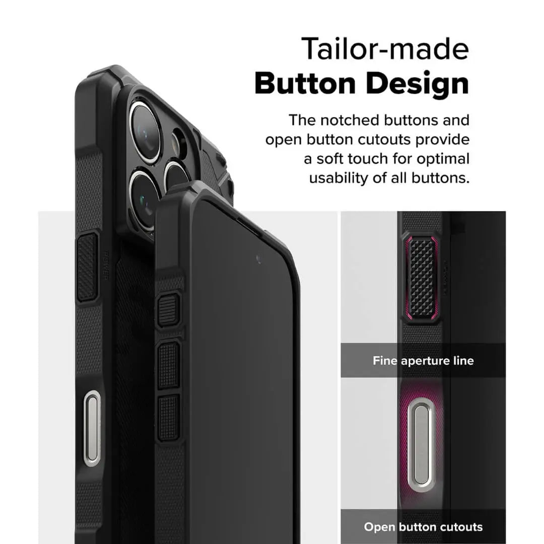 The case features tailor-made buttons designed for a soft touch and enhanced usability, providing a smooth and responsive user experience.
