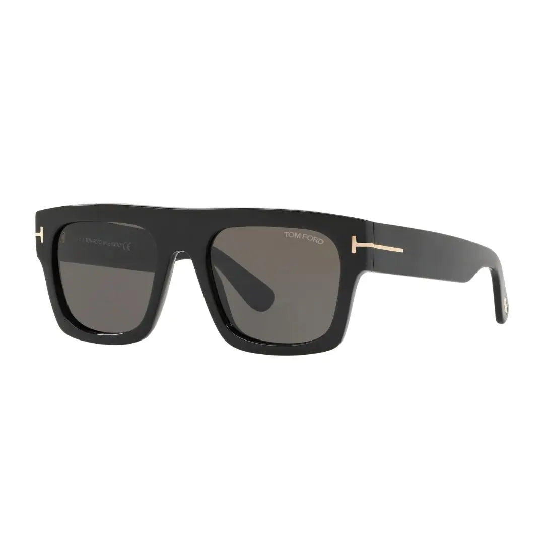 Tom Ford FT0711 sunglasses for men featuring a shiny black acetate rectangle frame. The smoke grey solid lenses are complemented by the signature gold 'T' logo at the temples.