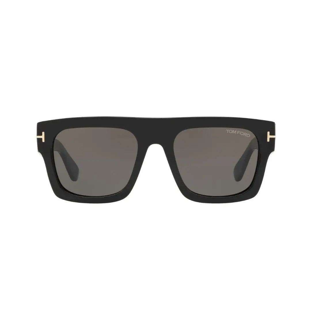 Black Tom ford sunglasses with gold accents on a white background