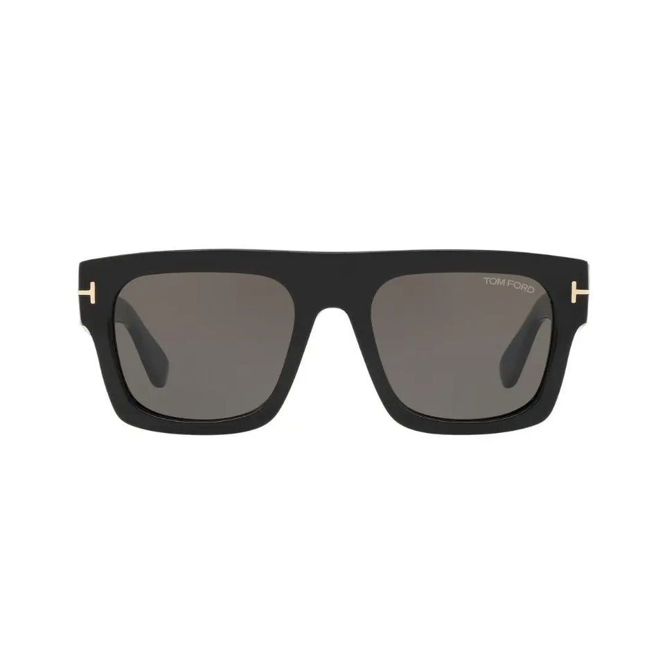Black Tom ford sunglasses with gold accents on a white background