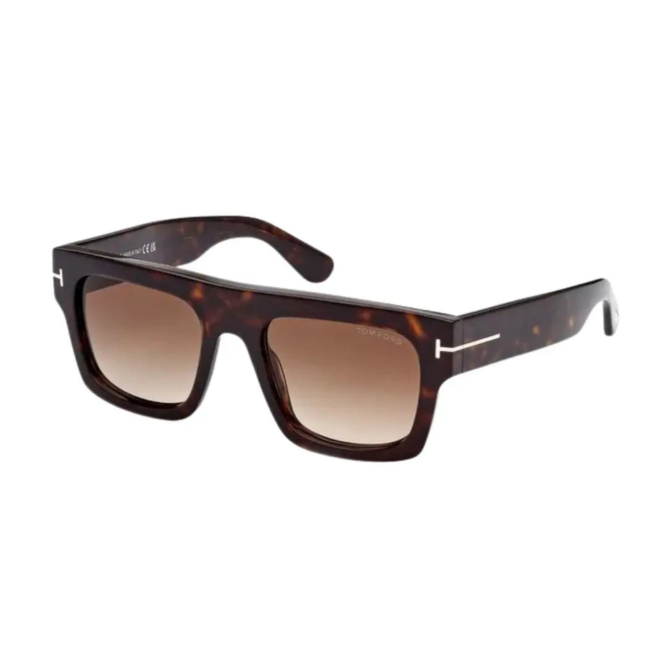 Tom Ford FT0711 Fausto sunglasses in Shiny Dark Havana tortoiseshell. The bold rectangular frame features brown gradient lenses and the signature gold 'T' logo on the temples.