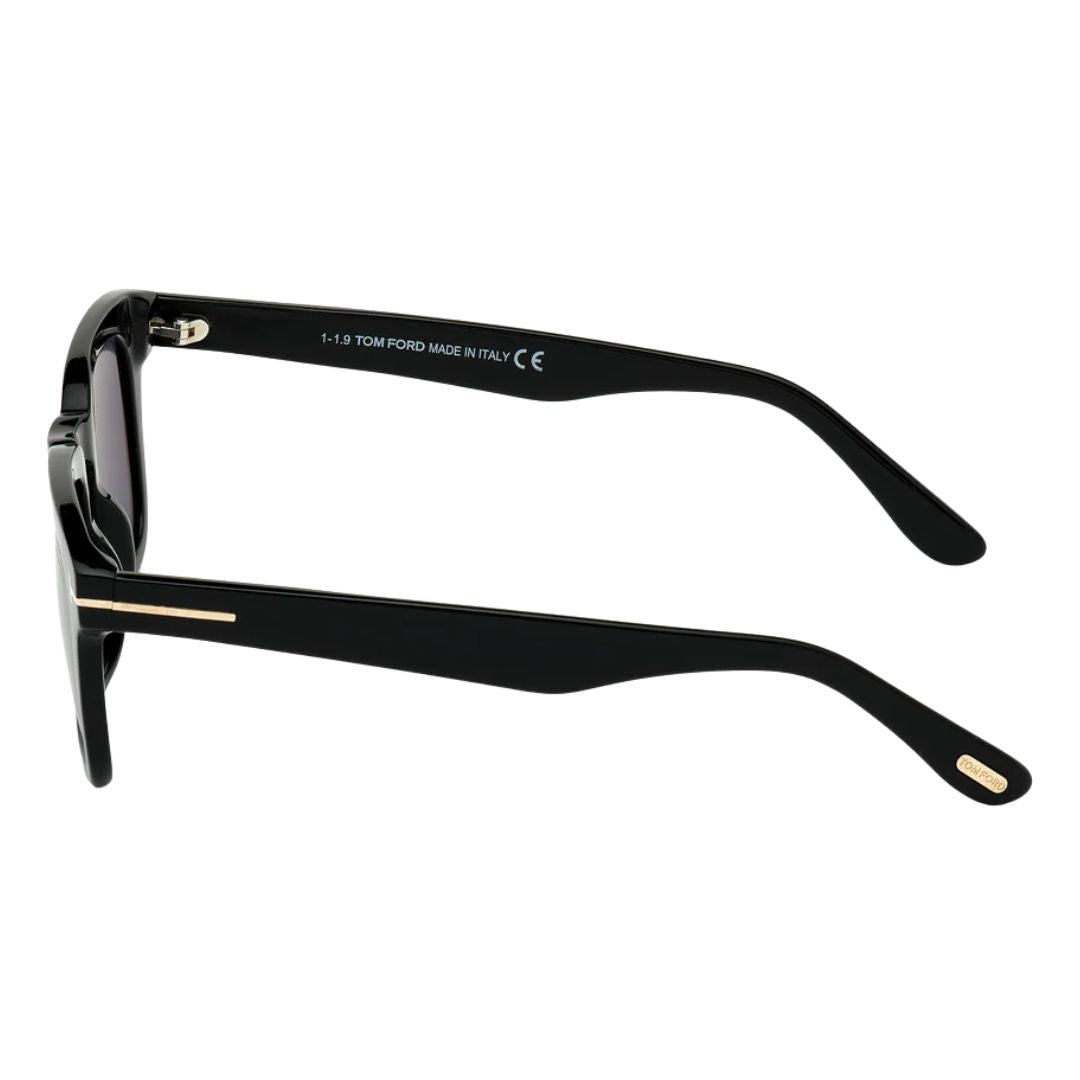 Side view of Tom Ford Dax sunglasses showing shiny black temples with iconic gold metal T logo - Gadgets Online NZ