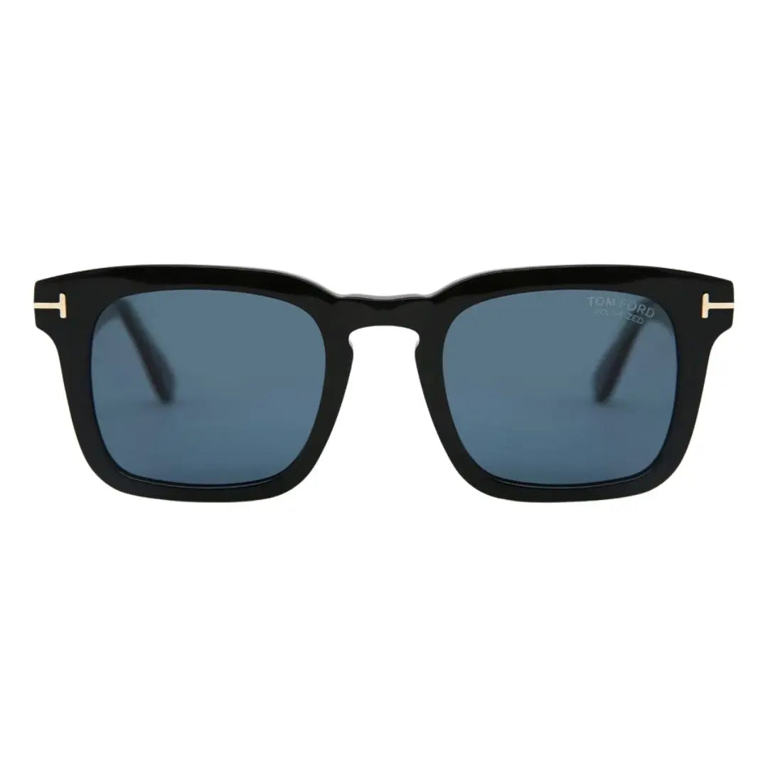 Front view of Tom Ford FT0751 01V Dax featuring a square shiny black acetate frame with blue lenses - Gadgets Online NZ