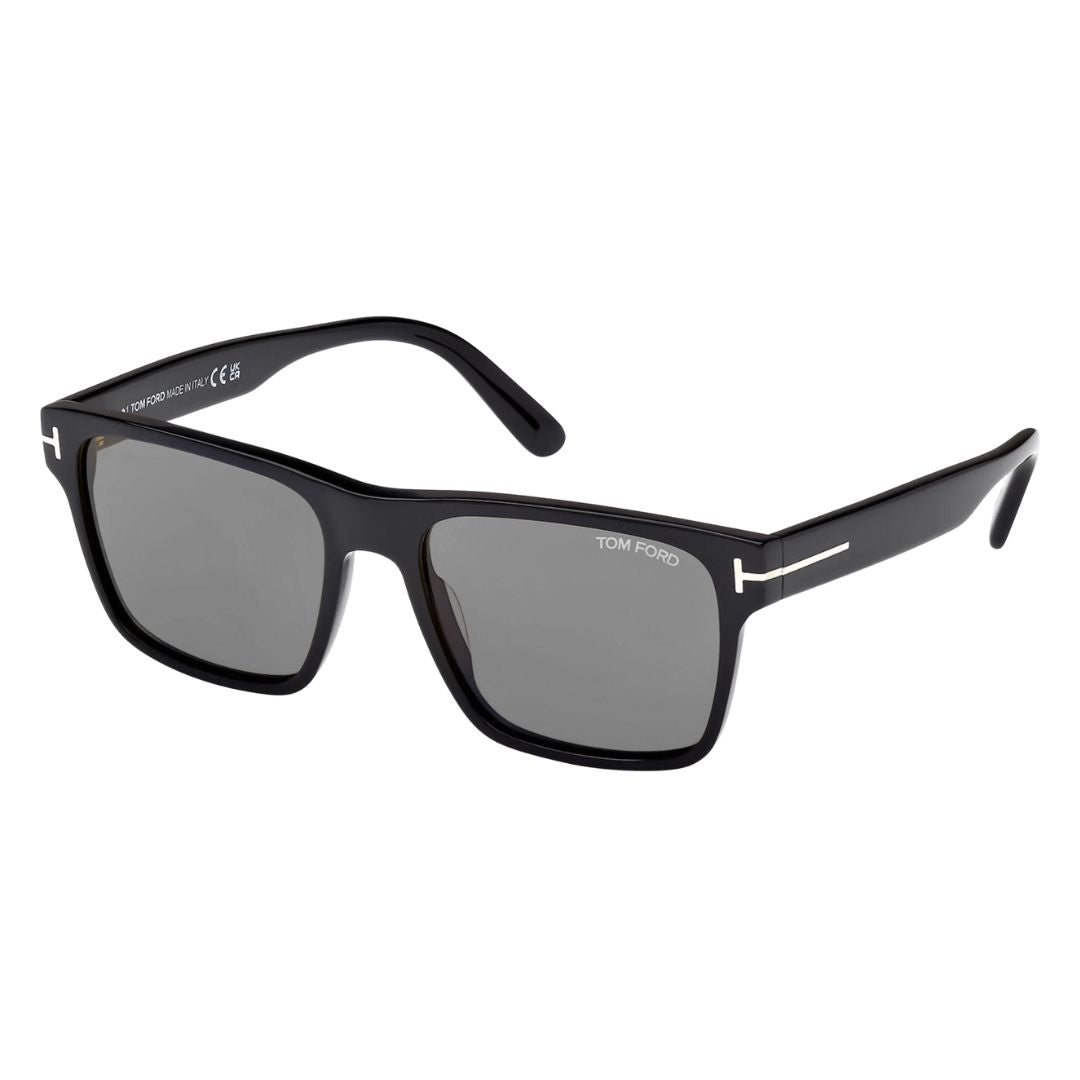 Tom Ford FT1205 01A Calder sunglasses in shiny black with smoke grey lenses and silver T-logos - Gadgets Online NZ