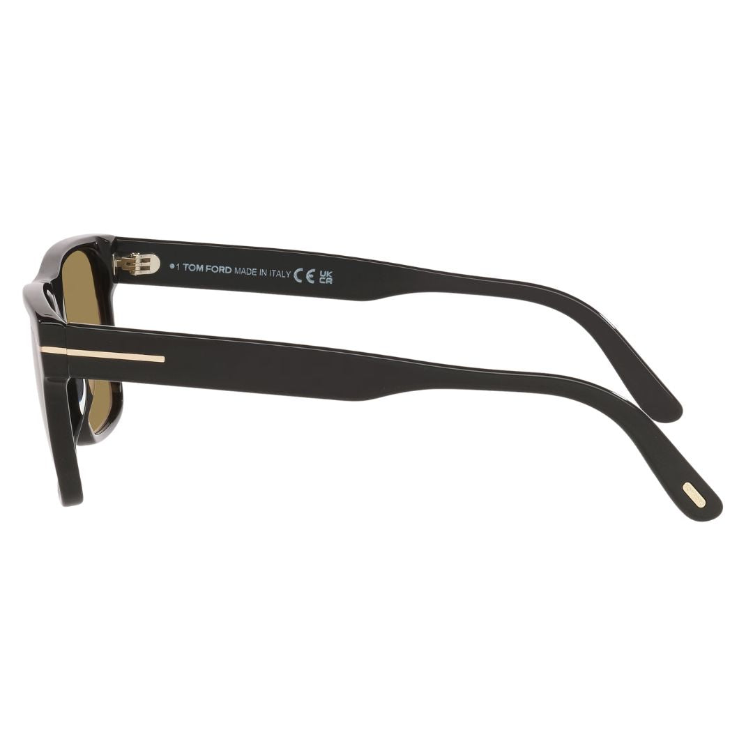 Side view of Tom Ford FT1205 Calder sunglasses showing shiny black temples with iconic gold metal T logo - Gadgets Online NZ