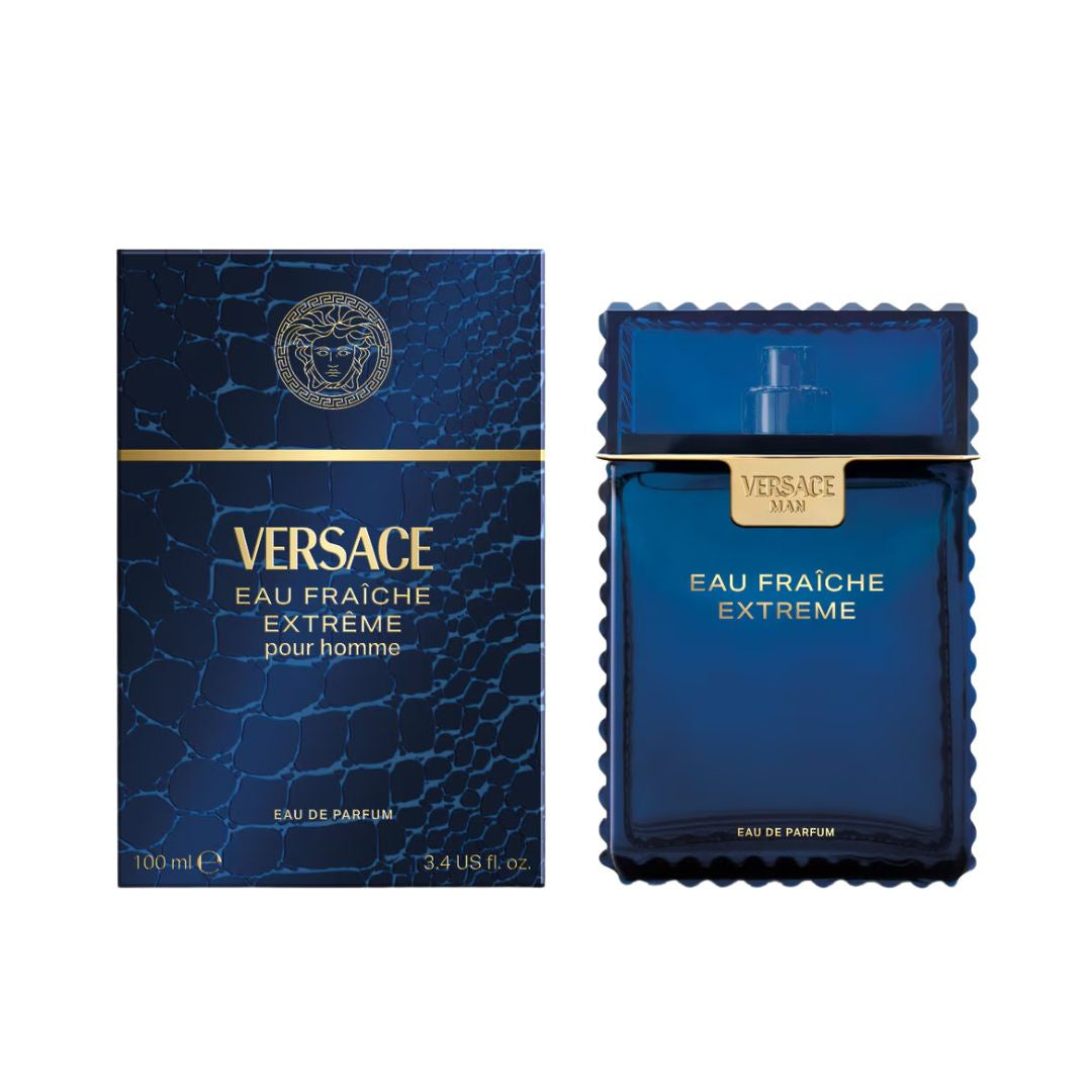 Versace Eau Fraiche Extreme 100ml EDP, a sleek blue bottle suggesting an intense, fresh, and aromatic masculine fragrance.
