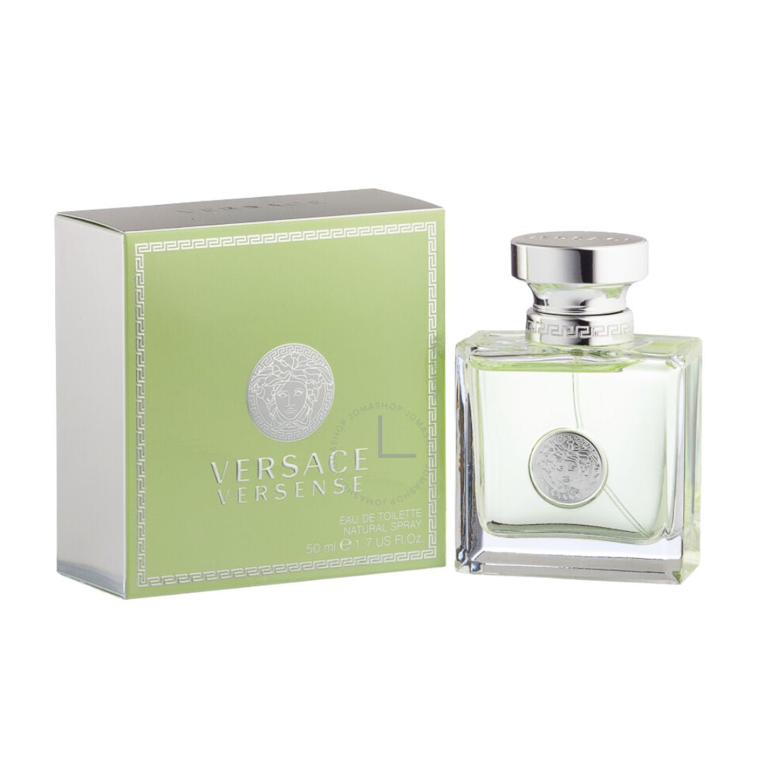 Versace Versense 50ml EDT, a sleek green bottle with a silver cap, suggesting a fresh, citrusy, and woody feminine fragrance
