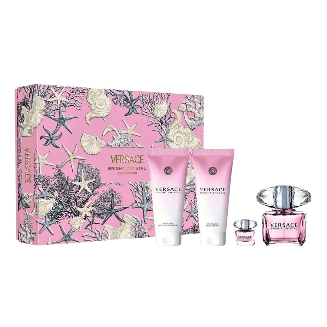 Versace Bright Crystal 90ml EDT 4 Piece Gift Set, featuring the iconic bottle, a miniature, body lotion, and shower gel in an elegant pink box.