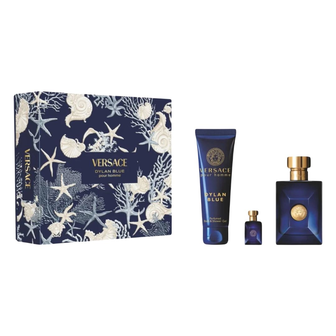 Versace Dylan Blue 100ml EDT 3 Piece Gift Set, featuring the iconic blue bottle, a shower gel, and a miniature in an elegant gift box.